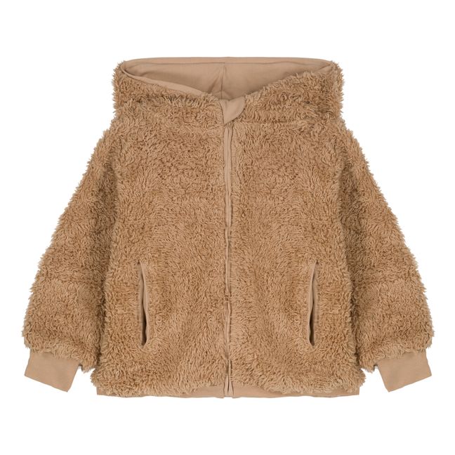 Teddy Bear Organic Cotton Fur Hooded Jacket | Beige