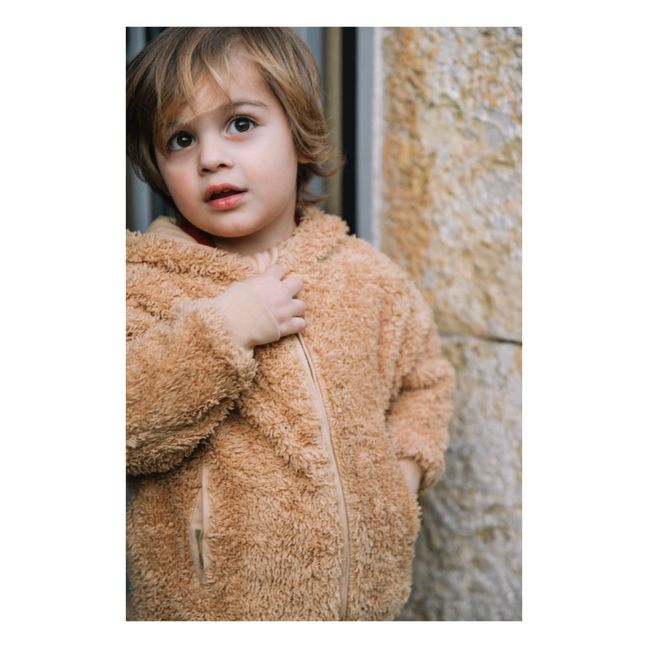 Teddy Bear Organic Cotton Fur Hooded Jacket | Beige