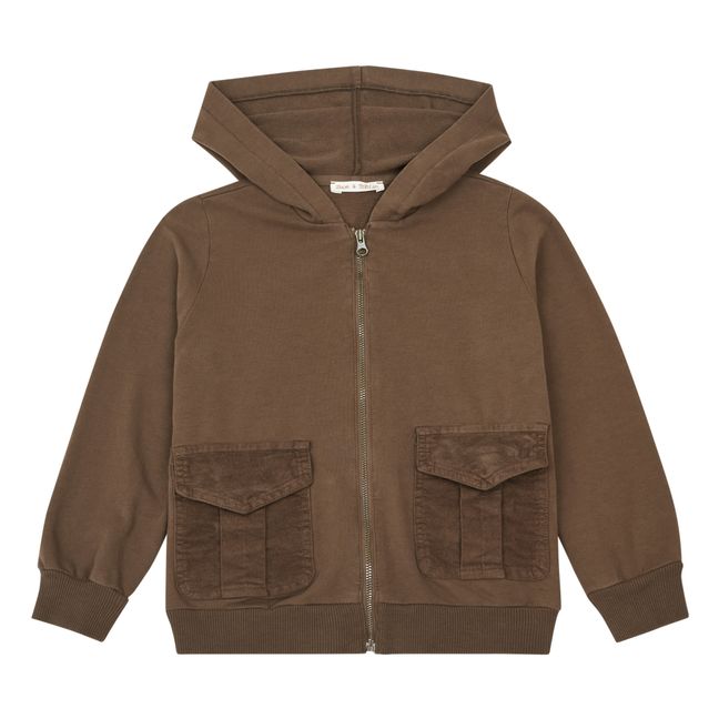 Sweat Zippé à Capuche Poches Velours | Chocolat