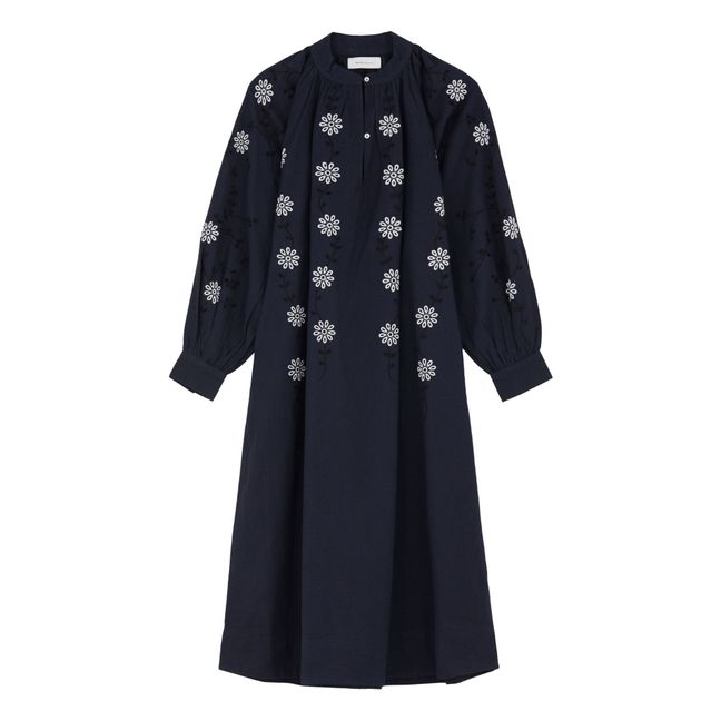 Kleid Ria mit Stickerei aus Bio-Baumwolle Leinen | Nachtblau
