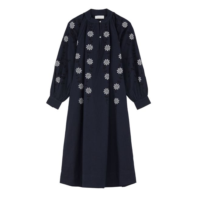 Robe Ria Brodée Coton Bio Lin | Bleu nuit