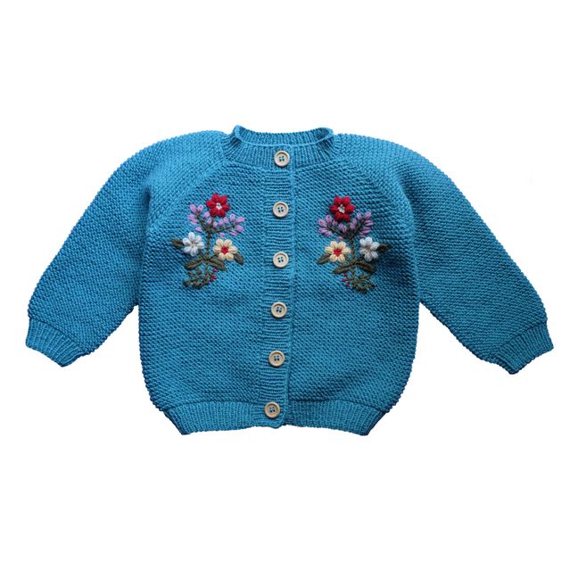 Cardigan Fait Main Brodé | Bleu turquoise