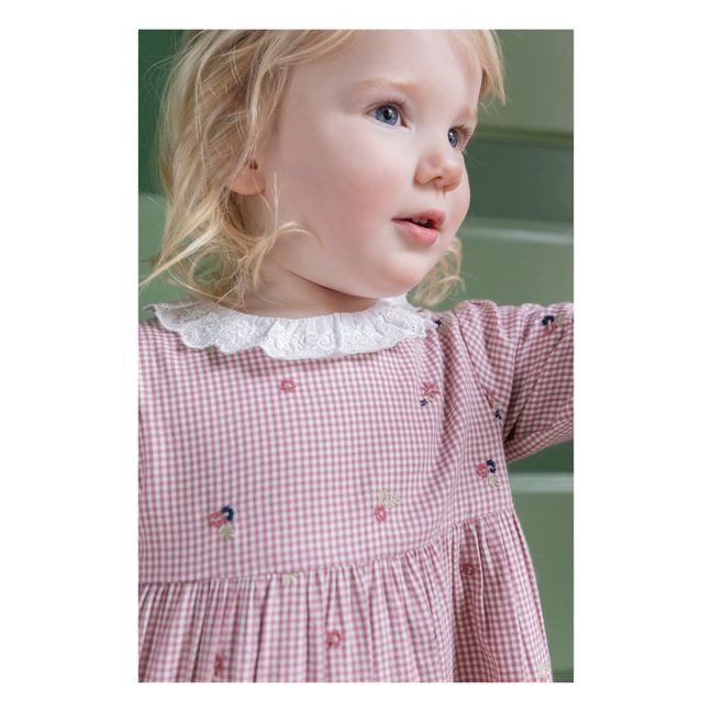 Besticktes kariertes Kleid | Dunkles Lila