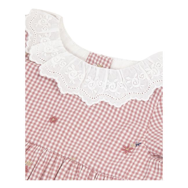 Besticktes kariertes Kleid | Dunkles Lila