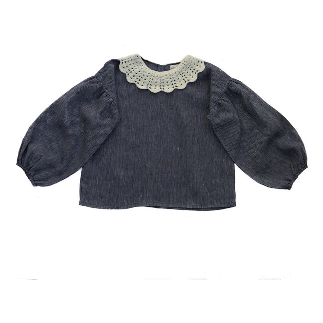 Blouse Lin Col Crochet Mérinos Silvia | Grey blue
