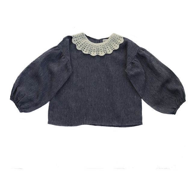 Blouse Lin Col Crochet Mérinos Silvia | Bleu gris