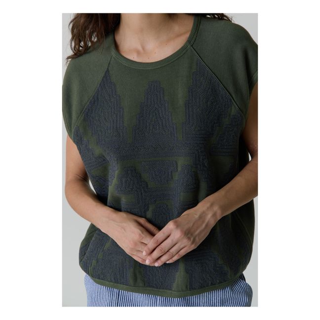 Ärmelloses Sweatshirt Sirup Nepal Stickerei Bio-Baumwolle | Grünolive