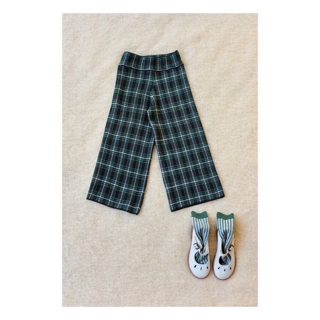 Organic cotton and wool knitted trousers in check pattern | Green
