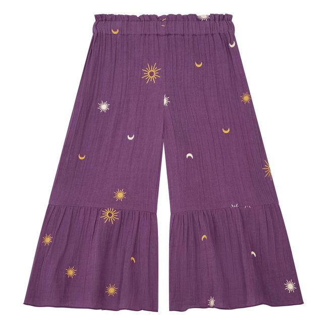 Pantalon Fluide Brodé Gaze de Coton Bio | Prune