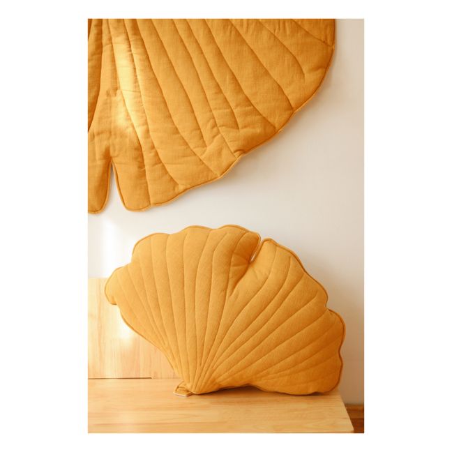 Coussin Ginkgo en lin | Jaune moutarde