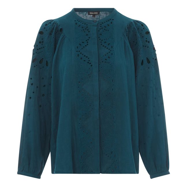 Organic cotton gauze embroidered blouse | Verde anatra