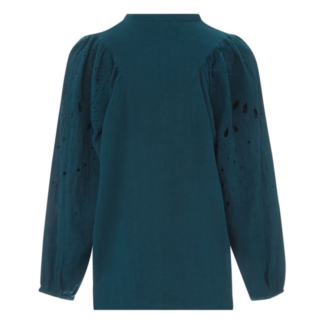 Blusa bordada de gasa de algodón orgánico | Verde azulado
