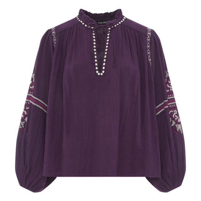 Organic Cotton Gauze Embroidered Long Sleeve Blouse | Purple