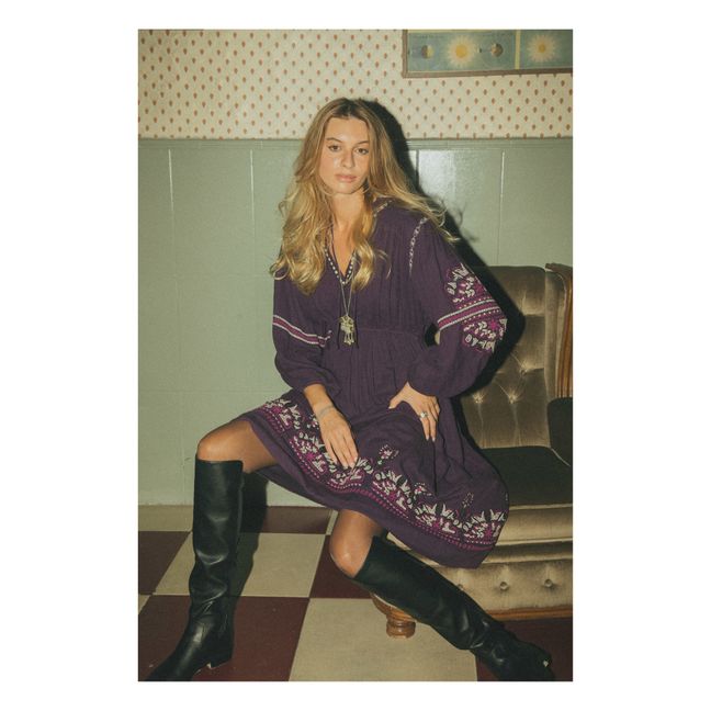 Besticktes Midi-Kleid aus Gaze aus Bio-Baumwolle | Violett