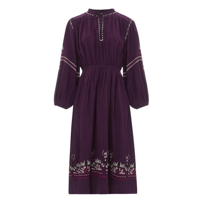 Embroidered organic cotton gauze midi dress | Purple