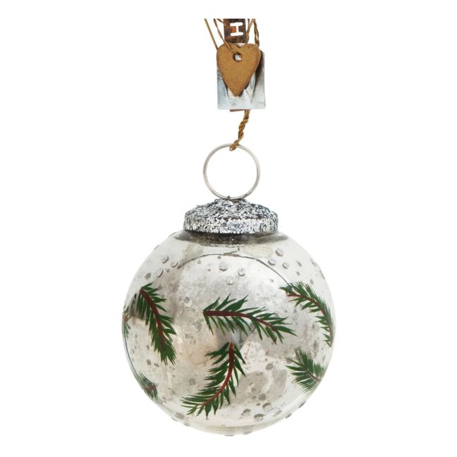 Christmas bauble with pine needles and glittering snow | White