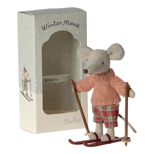 Grande sœur souris avec sa paire de ski