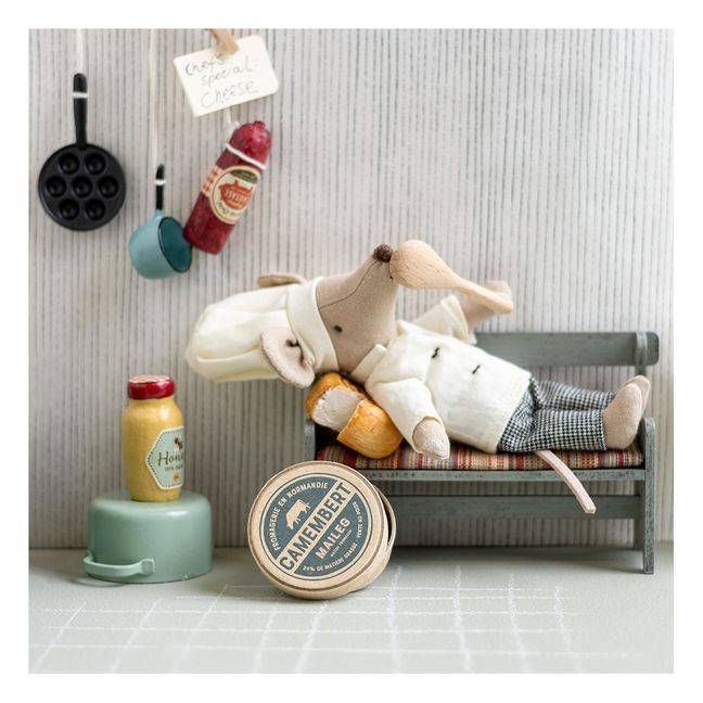 Doudou souris chef avec sa cuillère et son pot à soupe