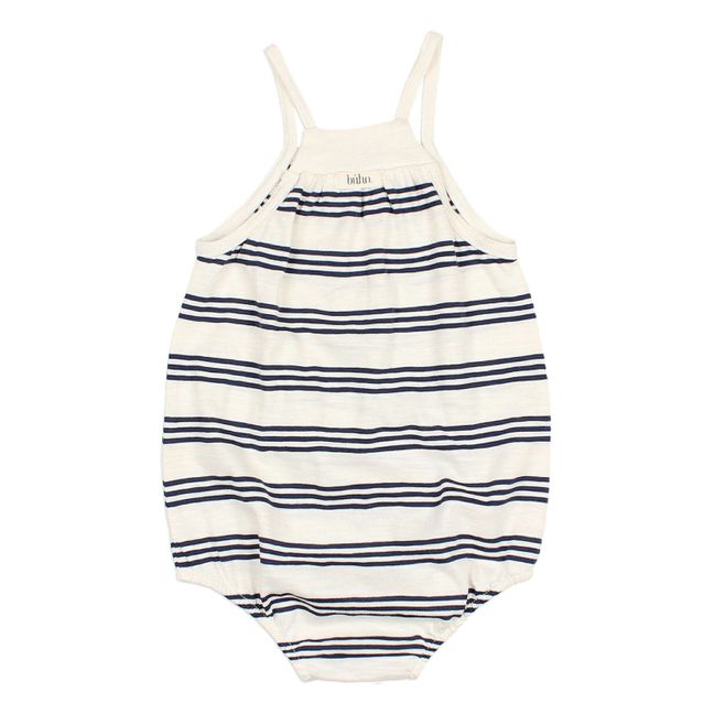 Flamed Cotton Striped Romper | Navy blue