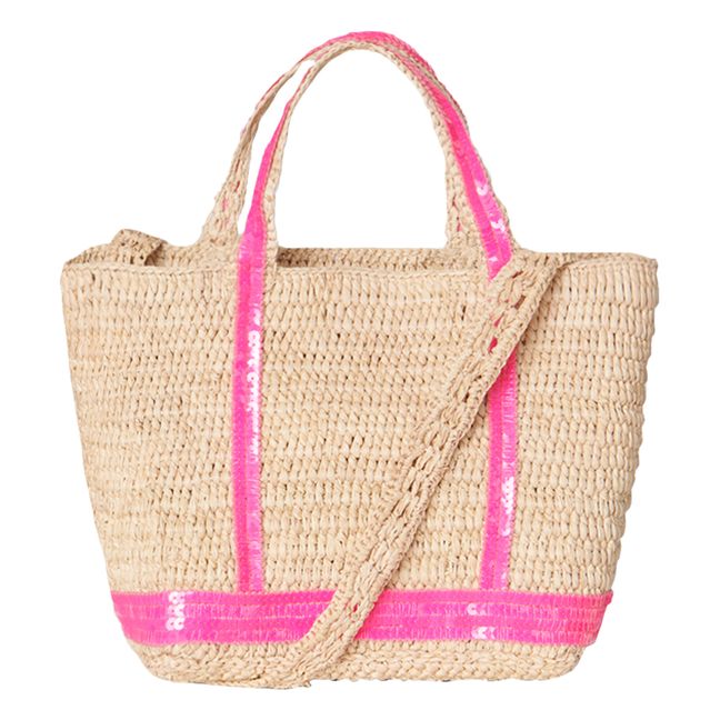 Tote XS Shoulder Bag Raffia and Sequins | Fluorescent pink