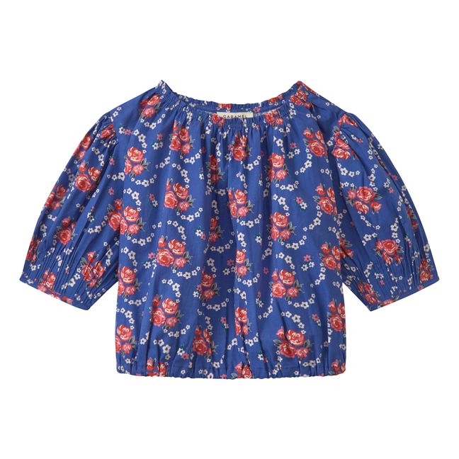 Cotton Poplin Blouse with Flowers | Navy blue