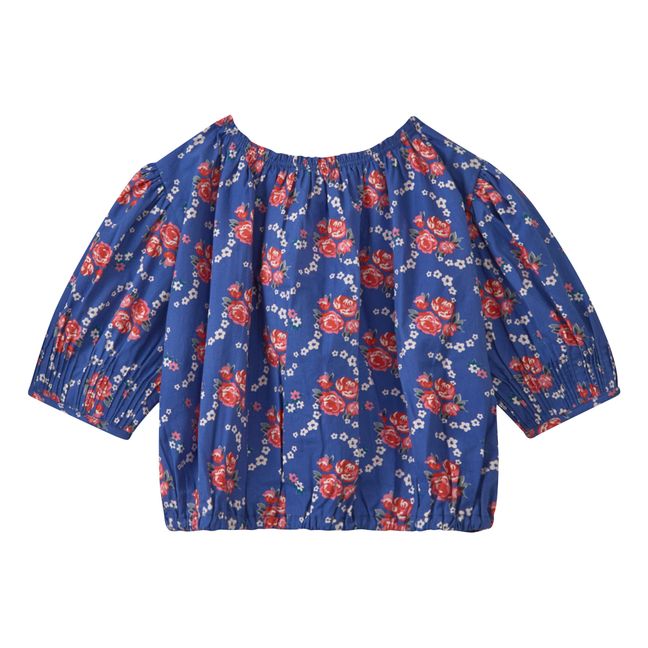 Blusa de popelina de algodón con flores | Azul Marino