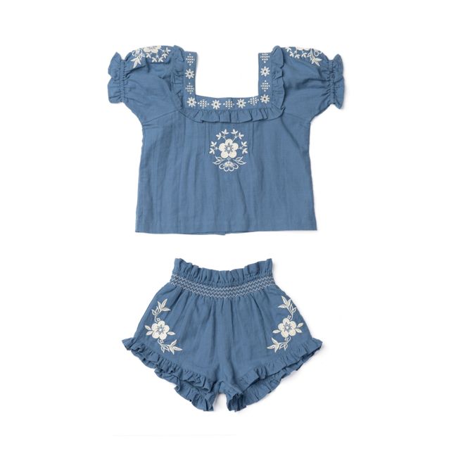 Blossom T-shirt + Shorts Embroidered Flowers | Denim blue