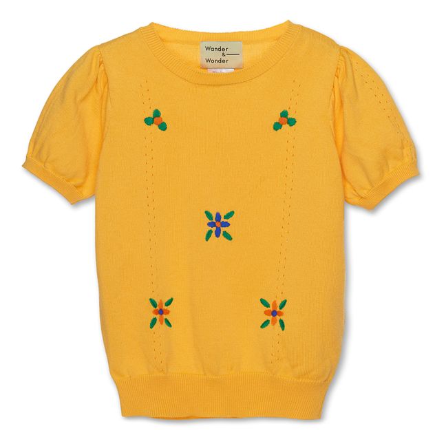 Pointelle Organic Cotton Short Sleeve Sweater | Mustard