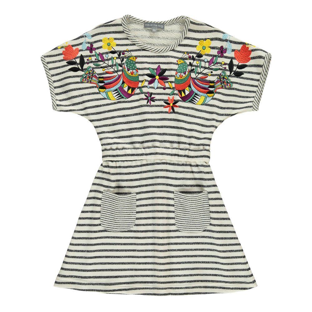 Milk on the Rocks - Robe Rayée Brodée Domo - Fille - Ecru