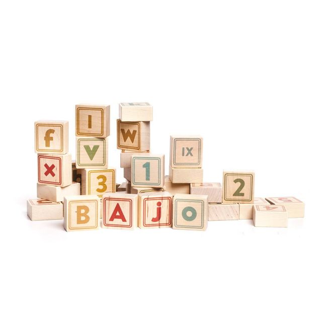 Bausteinspiel mit Buchstaben und Zahlen aus Holz - 40 Teile