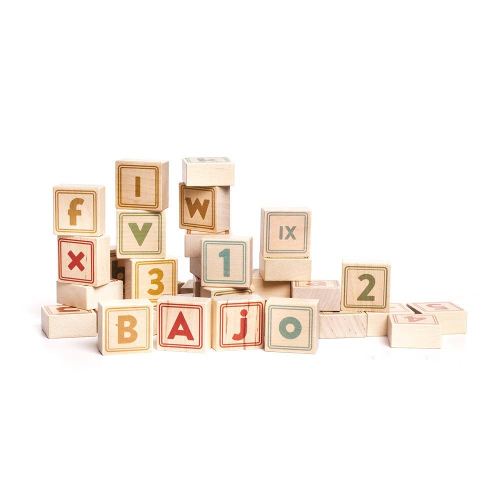 Bajo - Jeu de cubes lettres et chiffres en bois - 40 pièces - Naturel