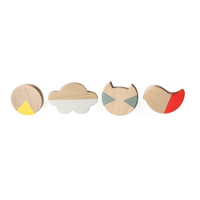 Portatutto rotondo,nuvola, gatto, uccello in legno dipinto - Set da 4