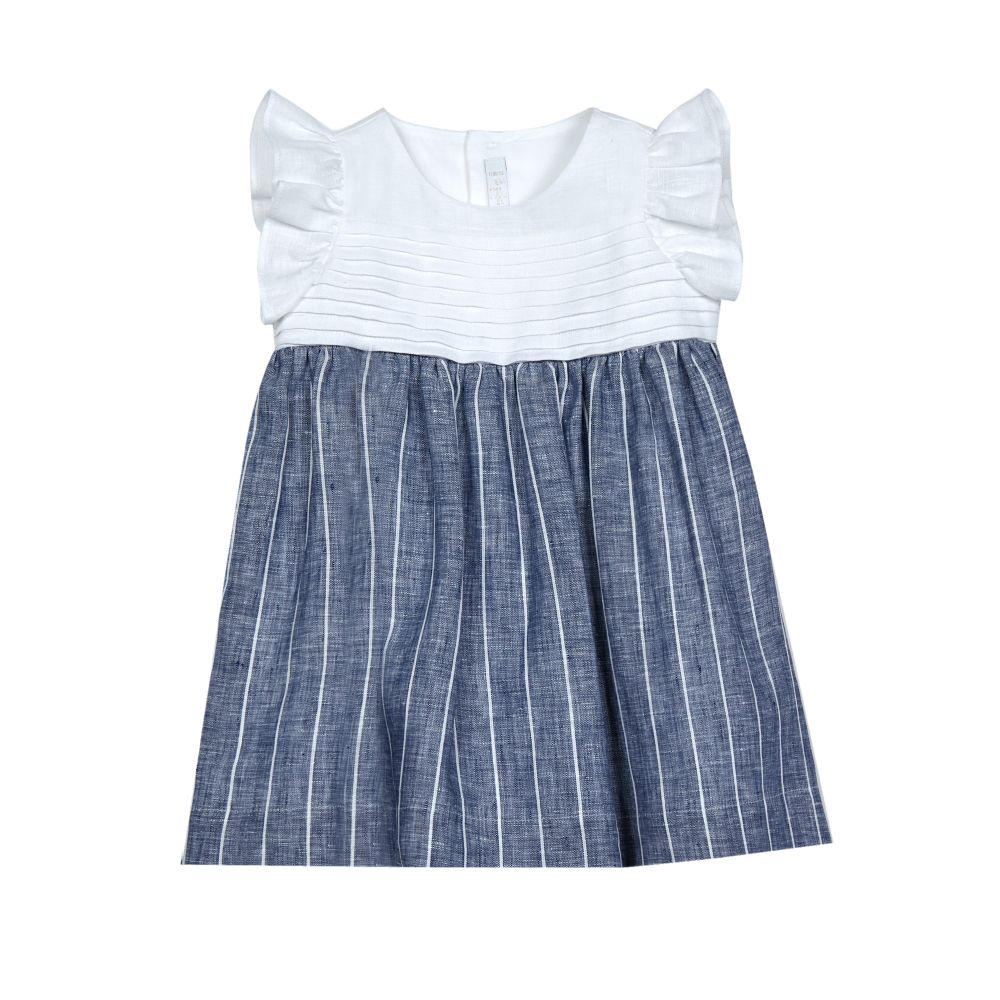 Il Gufo - Robe Bi-matière Lin Rayée - Fille - Bleu