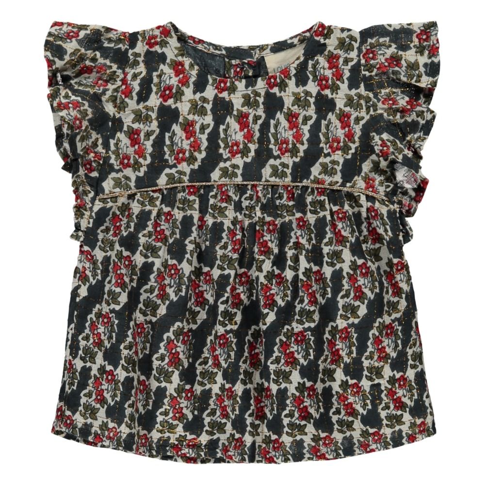 Louis Louise - Blouse Volants Fleurs Carreaux Lurex Melo - Fille - Bleu marine