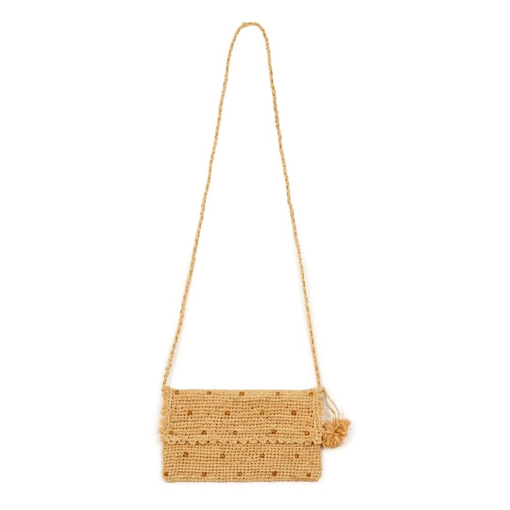 Crochet Straw Bag With Gold Plumetis Details Gold- Product image n°0