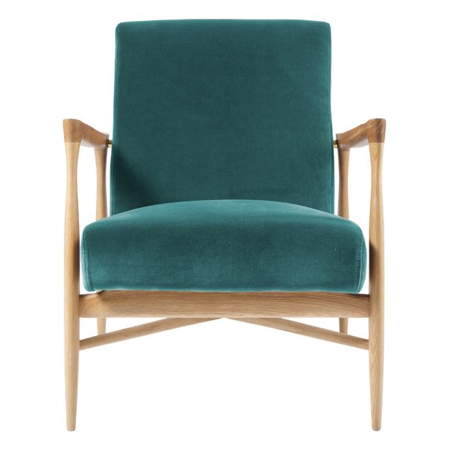 Fauteuil Floating, structure chêne, velours | Bleu canard