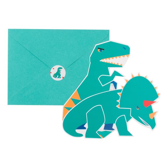 Tarjetas de invitación, sobres y stickers dinosaurio - Lote de 8 Verde