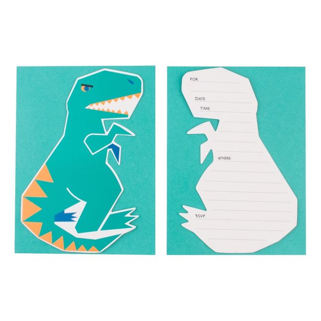 Tarjetas de invitación, sobres y stickers dinosaurio - Lote de 8 Verde