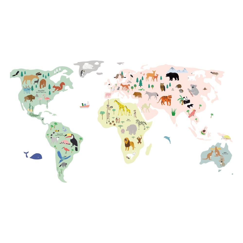 MIMI'lou - Stickers Carte du monde avec animaux - Multicolore