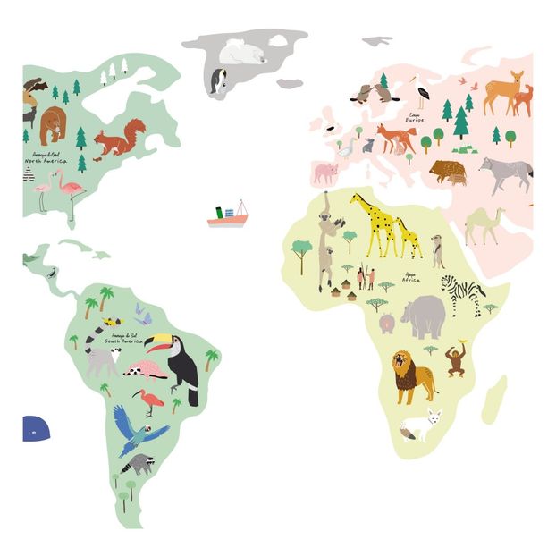 Stickers Carte Du Monde Avec Animaux Mimi Lou Design Enfant