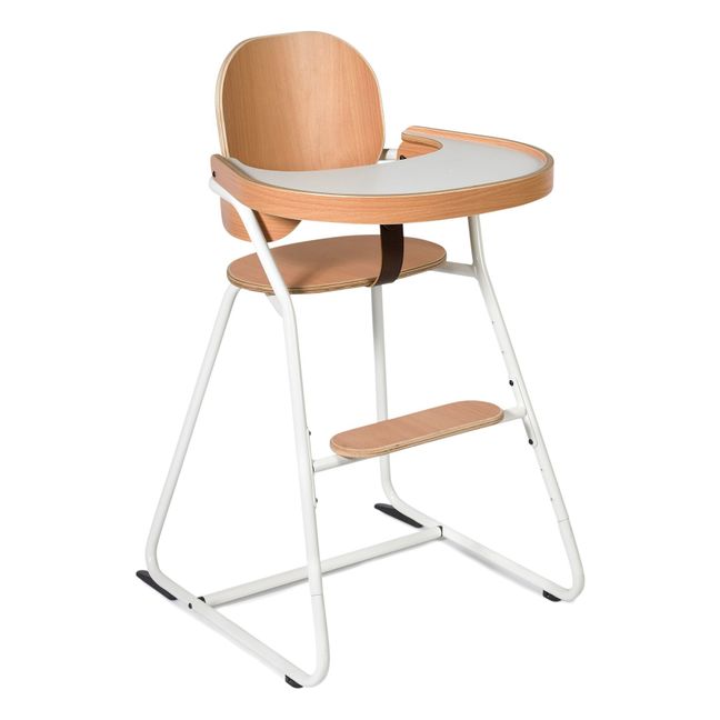 Chaise haute avec tablette Tibu, structure métal et bois, entre-jambe en cuir Blanc